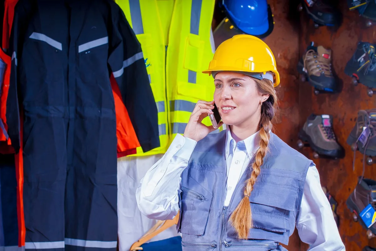 Jefa de obra con casco hablando por teléfono