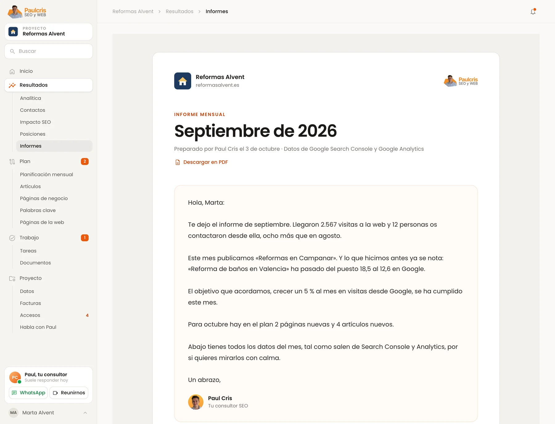 Informe mensual con la carta de Paul