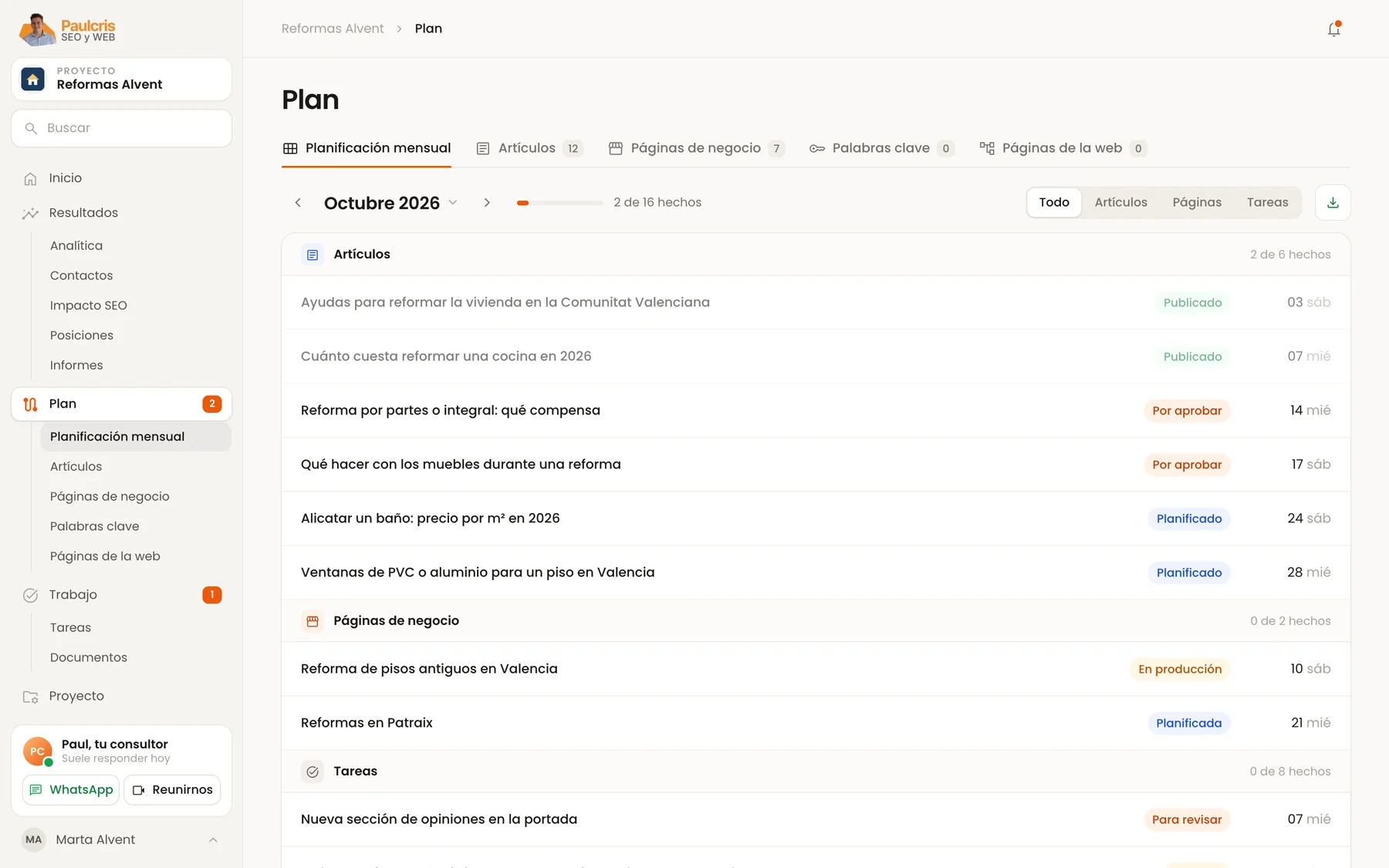 Planificación mensual de contenidos