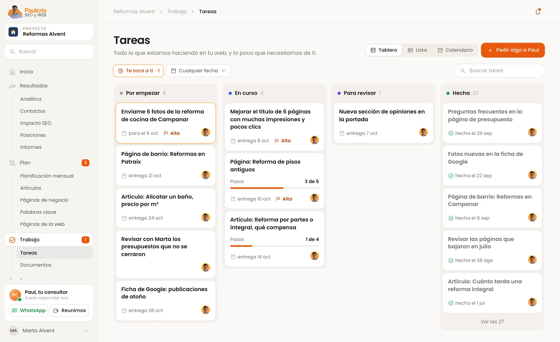 Tablero de tareas del portal