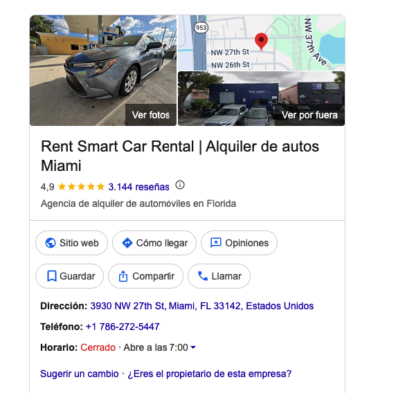 Ficha de Google del negocio con 4,9 estrellas y más de 3.000 reseñas