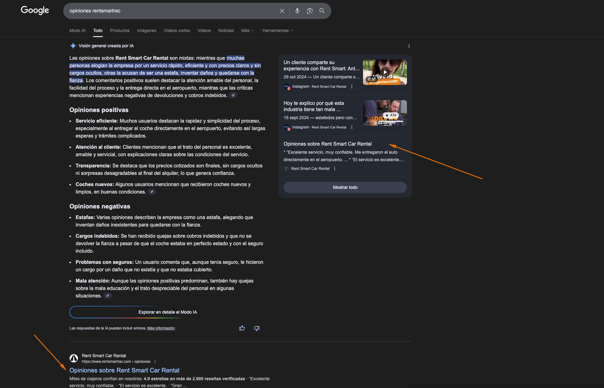 Visión general con IA de Google describiendo a la empresa con acusaciones de estafa