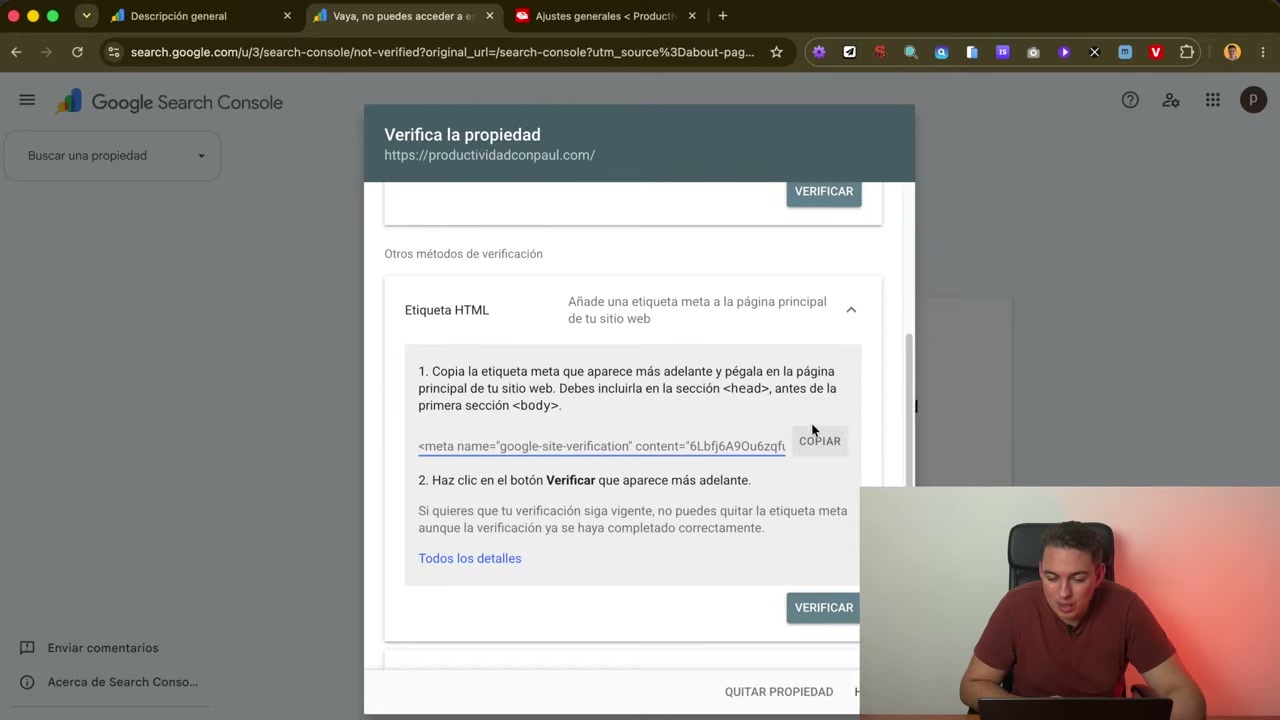 Método de verificación por etiqueta HTML en Search Console con el botón Copiar