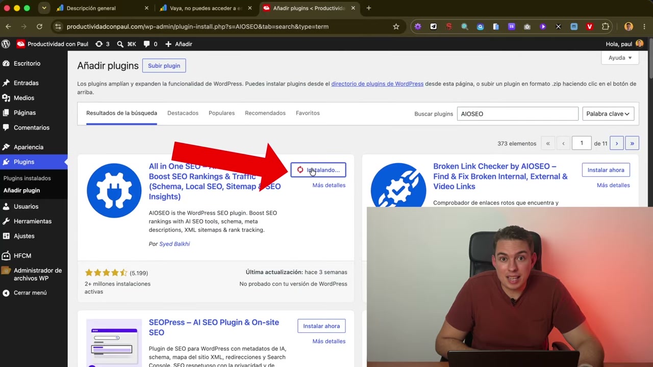 Buscador de plugins de WordPress con All in One SEO instalándose