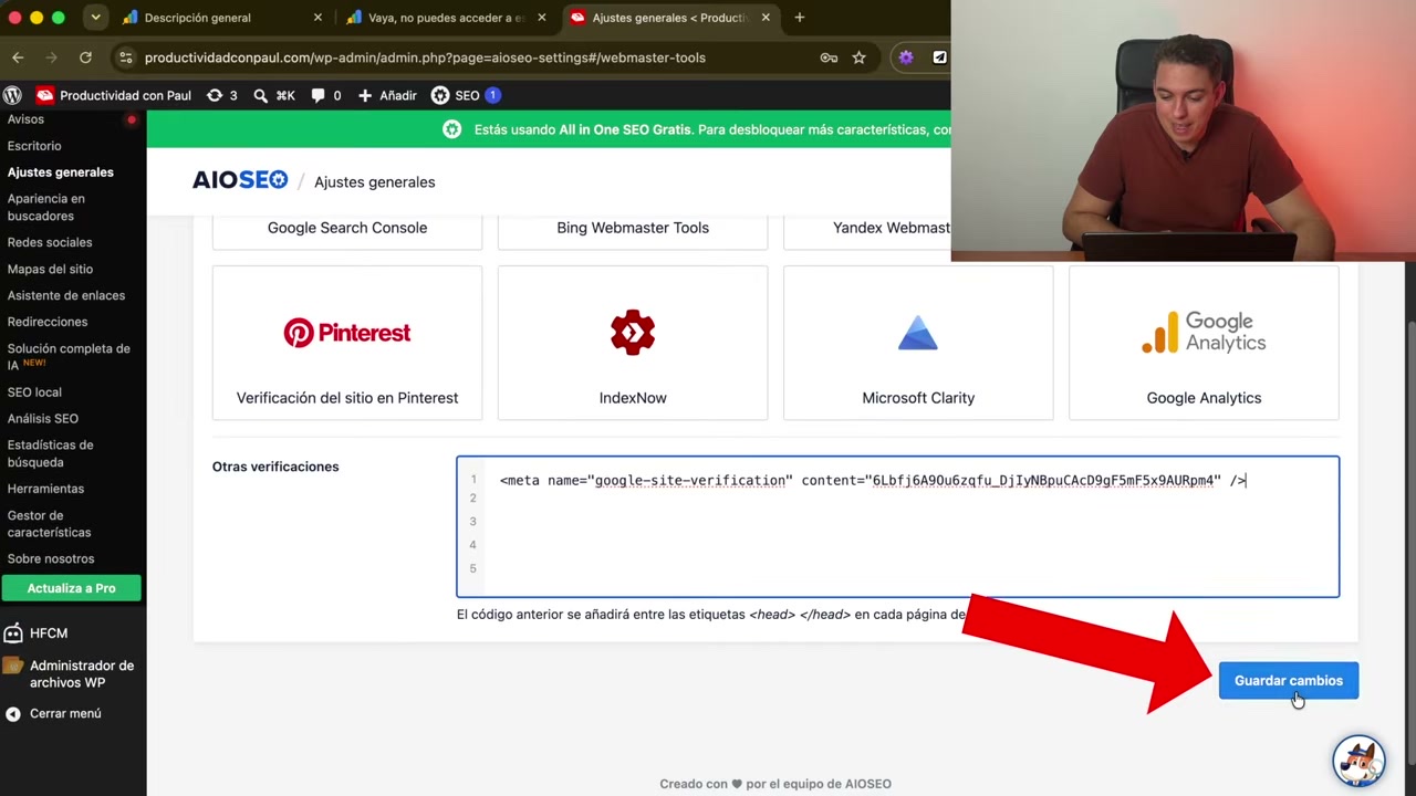 Campo Otras verificaciones de AIOSEO con la etiqueta meta de Google pegada