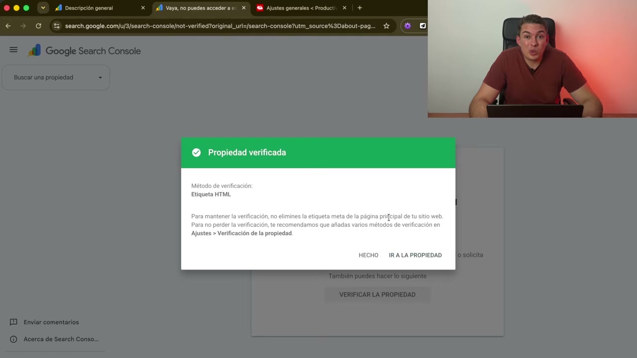 Mensaje Propiedad verificada en Search Console con el método Etiqueta HTML