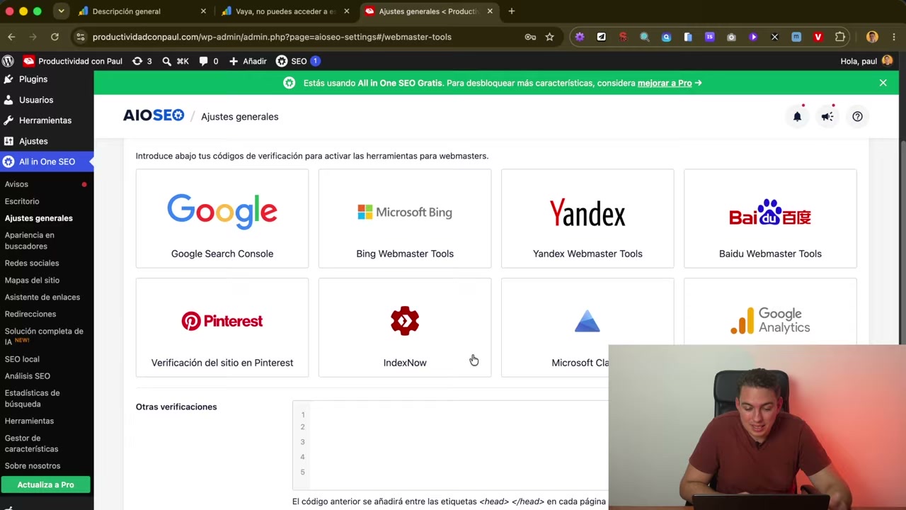 Sección Webmaster Tools de All in One SEO con las tarjetas de Google, Bing, Yandex y Baidu