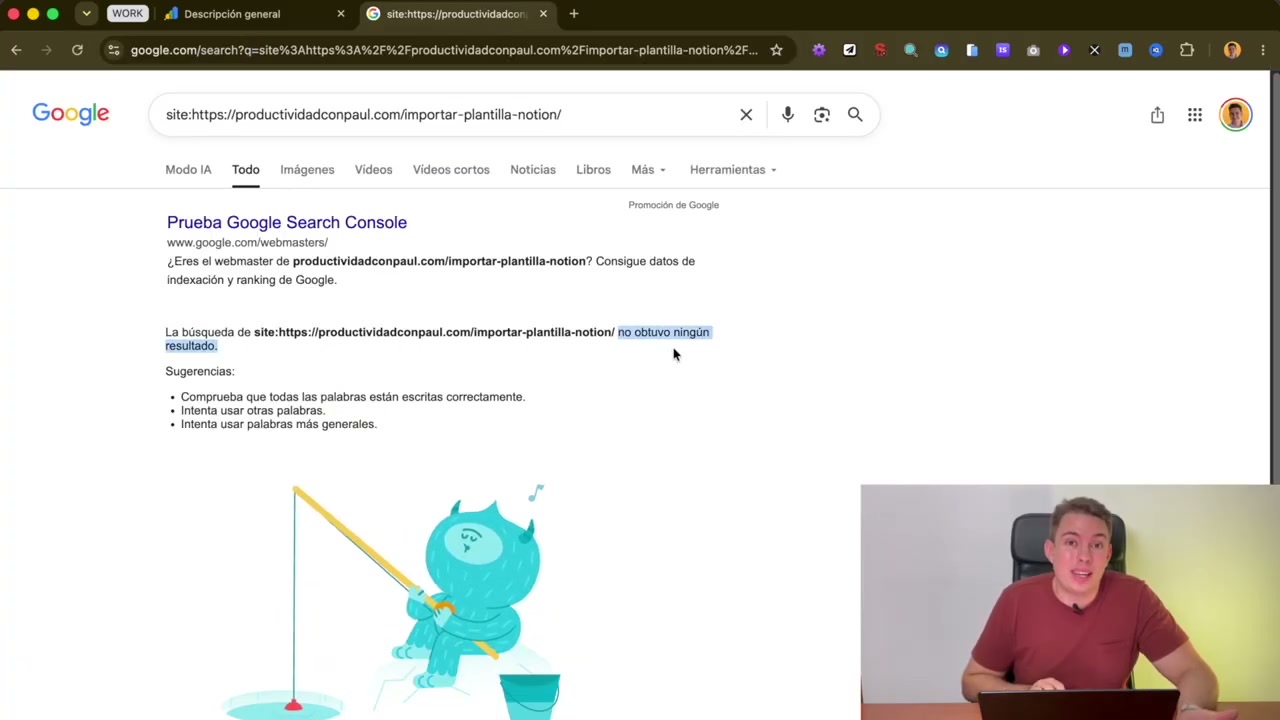 Google indicando que la búsqueda site: de una URL no obtuvo ningún resultado porque no está indexada