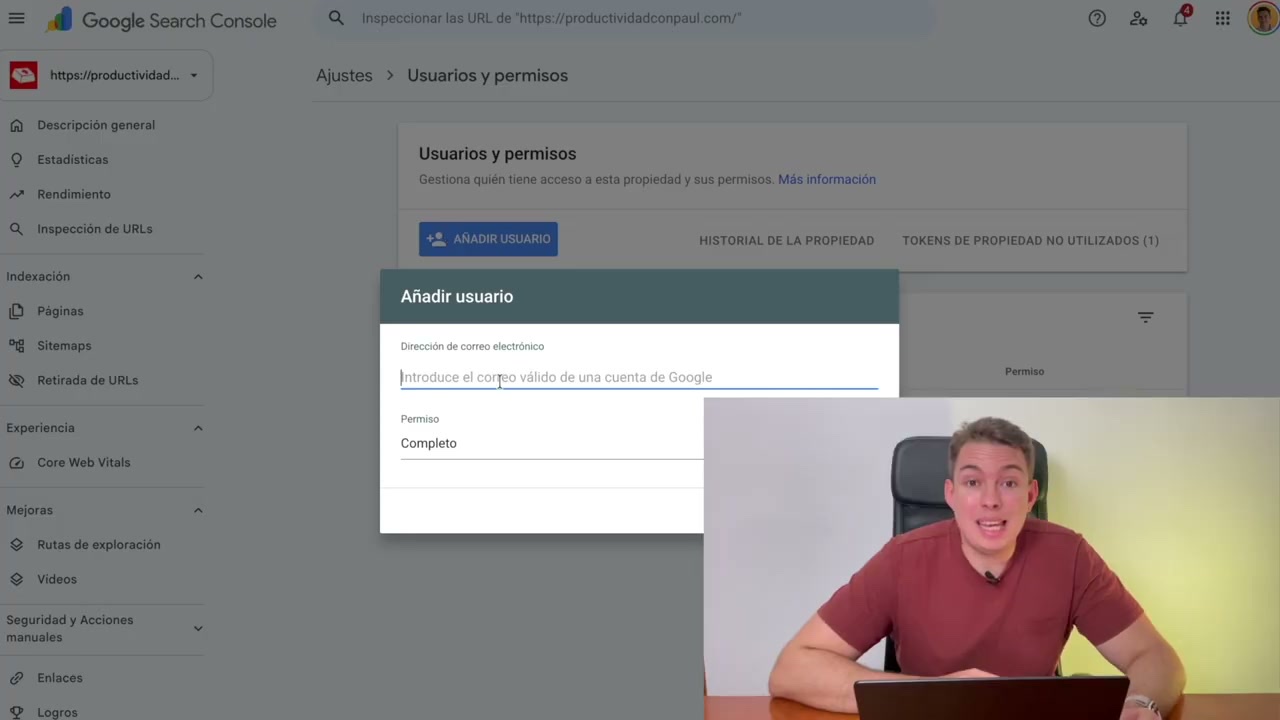 Ventana Añadir usuario de Search Console con el campo de correo y el permiso Completo