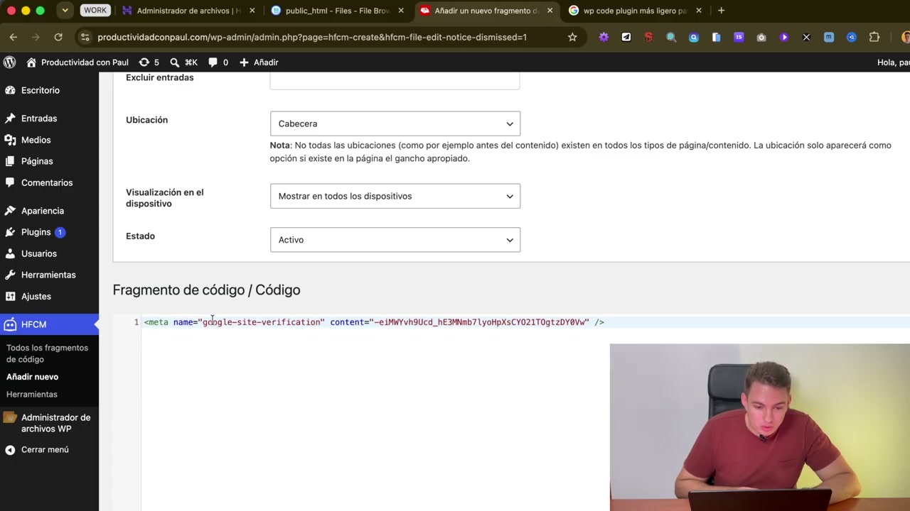 Fragmento de código con la etiqueta de verificación de Search Console insertado en la cabecera de WordPress