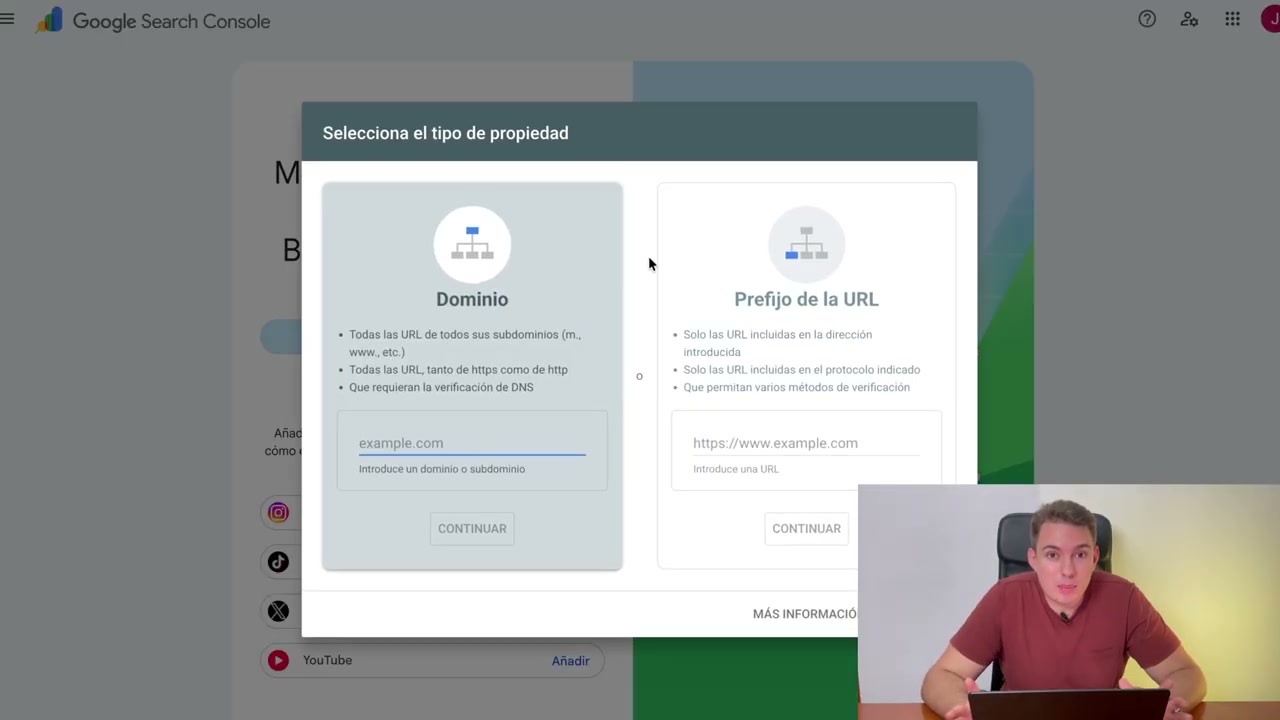 Pantalla de Search Console para elegir entre propiedad de tipo Dominio o Prefijo de la URL