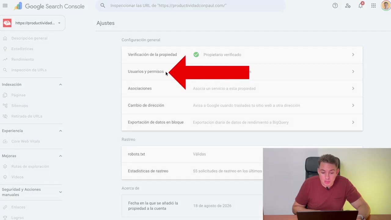 Menú de Ajustes de Search Console con la opción Usuarios y permisos señalada