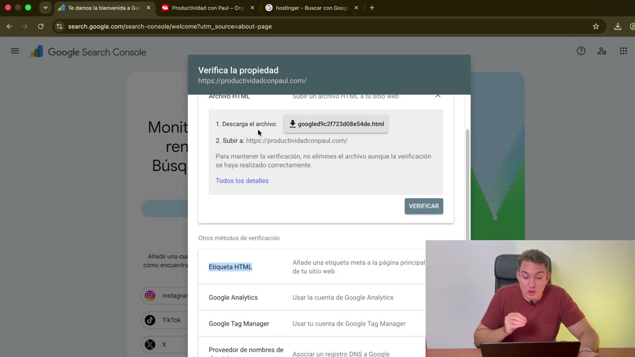 Método de verificación por etiqueta HTML en Search Console con el código meta a copiar