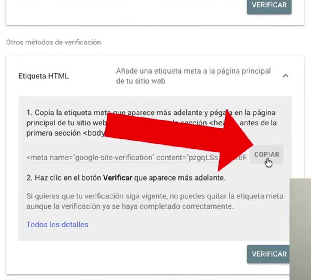 Sección Etiqueta HTML de Search Console con la etiqueta meta y el botón Copiar