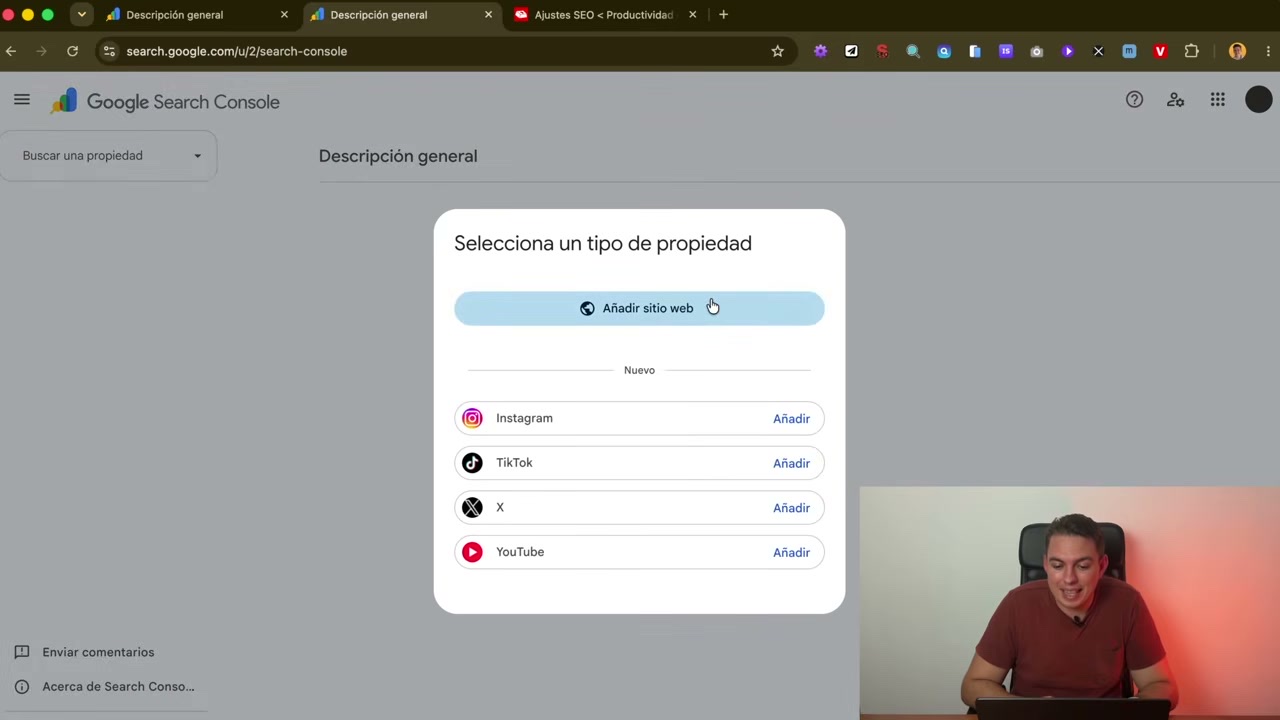 Pantalla de Search Console para seleccionar un tipo de propiedad con la opción Añadir sitio web
