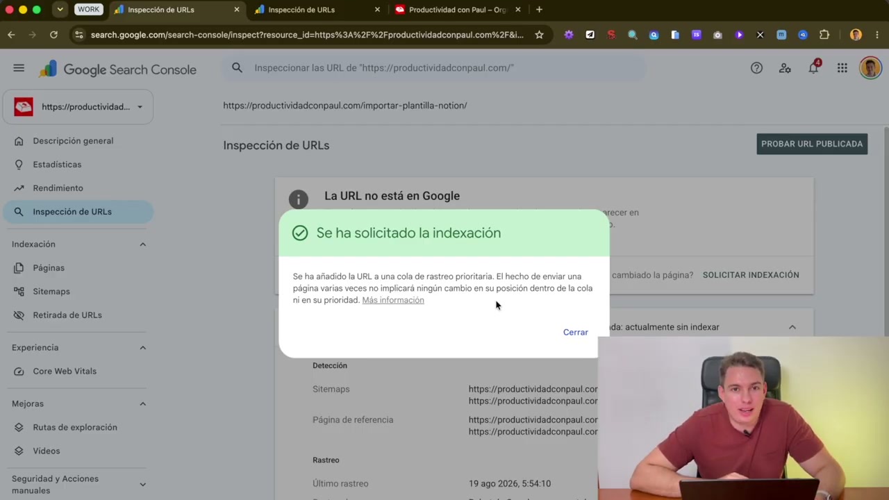 Mensaje Se ha solicitado la indexación en la inspección de URLs de Search Console