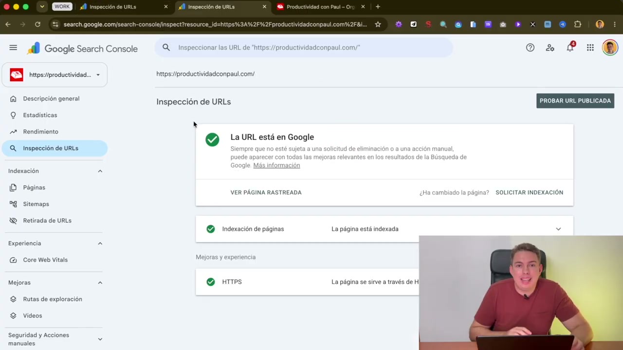 Inspección de URLs de Search Console con el mensaje La URL está en Google