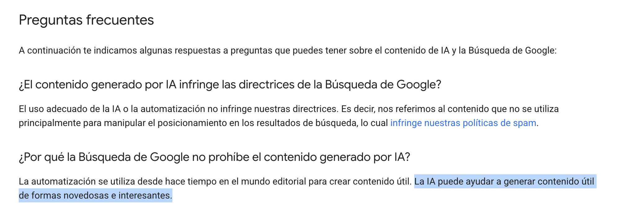 Documentación de Google Search sobre contenido generado por IA