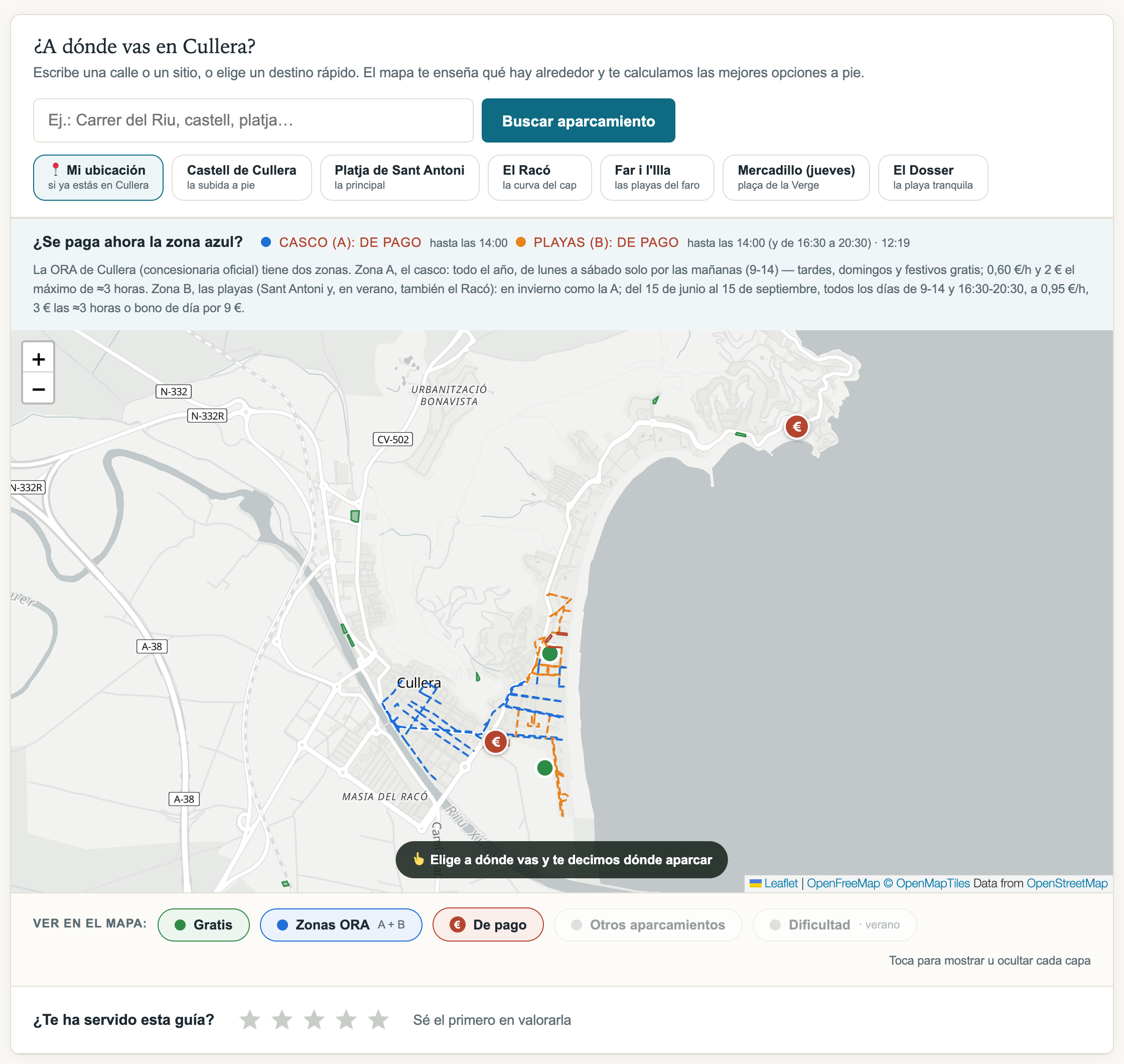 Herramienta de donde-aparcar.es en la ficha de Cullera: buscador de destino, estado de la zona azul y mapa con capas